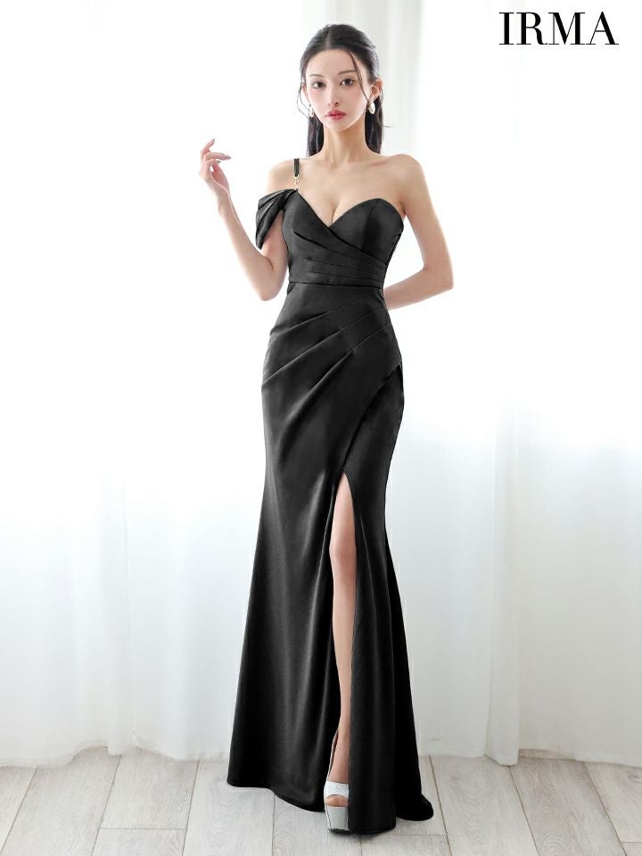 IRMA イルマ ワンオフショル/ワンカラー/シンプル/タックデザイン/スリット入り/タイト ロングドレス ir55084-c