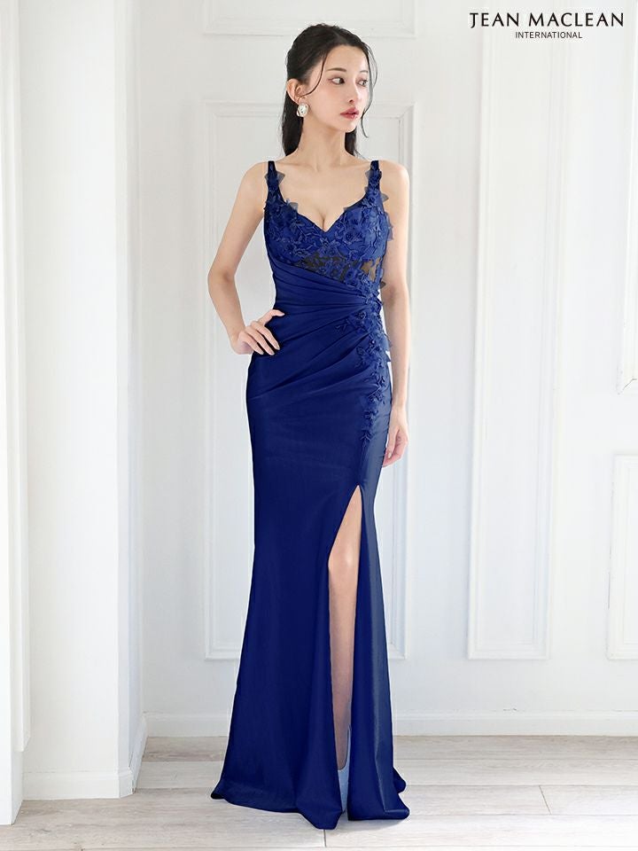 JEAN MACLEAN ジャンマクレーン ワンカラー/立体フラワーモチーフ/アシンメトリー/スリット入り/タイト/ロングドレス ja51881-c