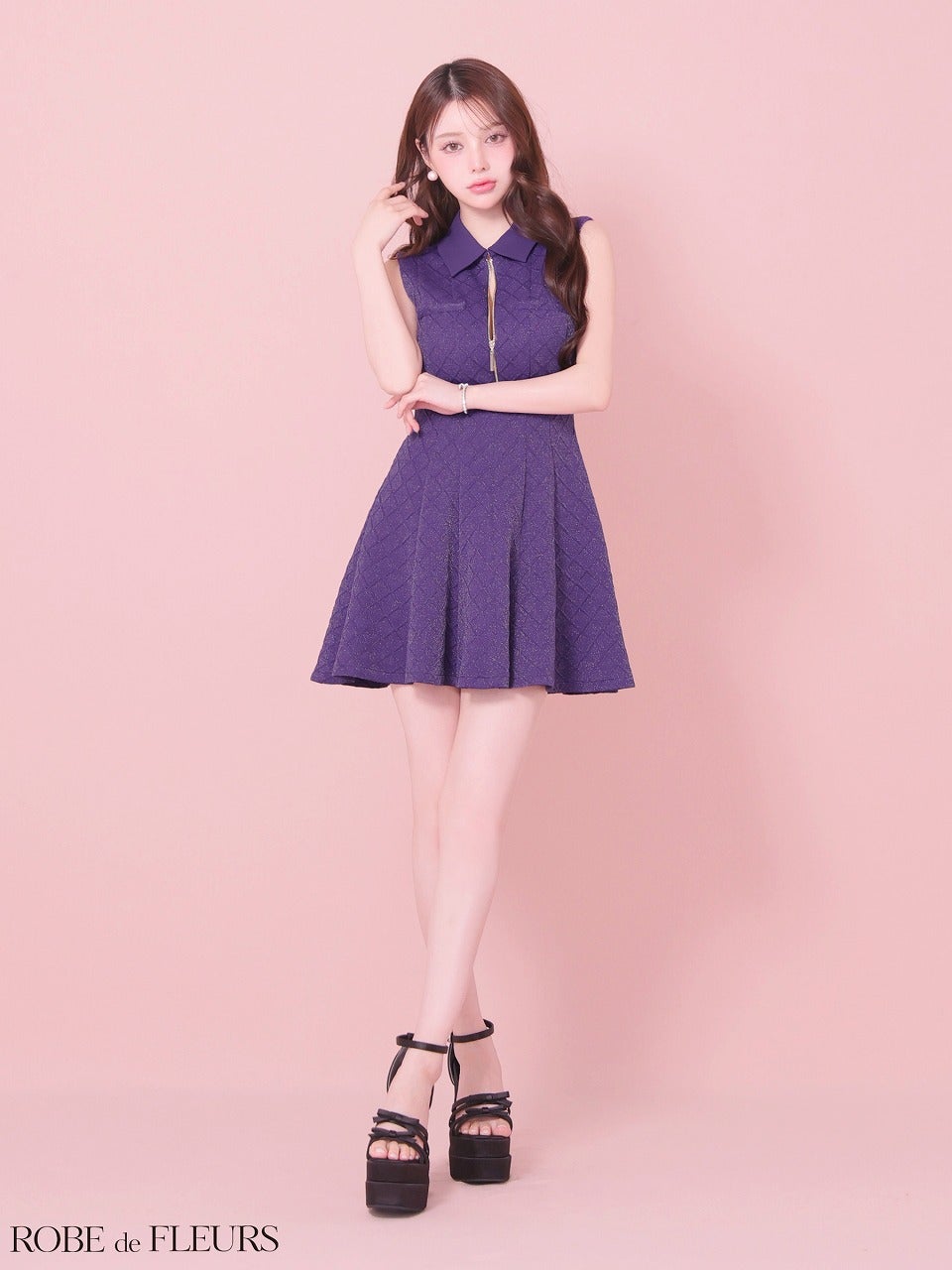 ROBE de FLEURS ローブドフルール 襟付きシンプルラメフレアミニキャバドレス fm4212-c