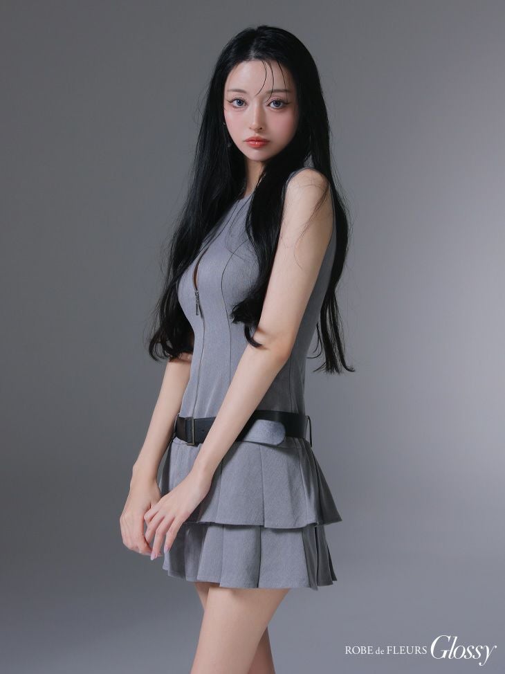 Glossy ローブドフルールグロッシー ベルト付きノースリーブセンタージップフレアミニキャバドレス gl4307