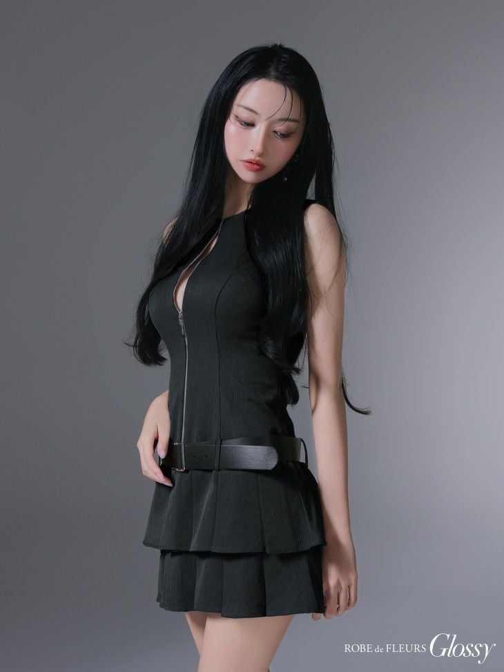 Glossy ローブドフルールグロッシー ベルト付きノースリーブセンタージップフレアミニキャバドレス gl4307