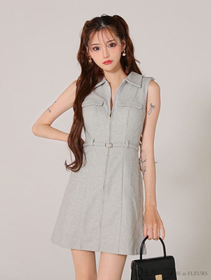 DEA. ディア バイ ローブドフルール 襟付きバストジップノースリーブベルトデザインミニキャバドレス de3259