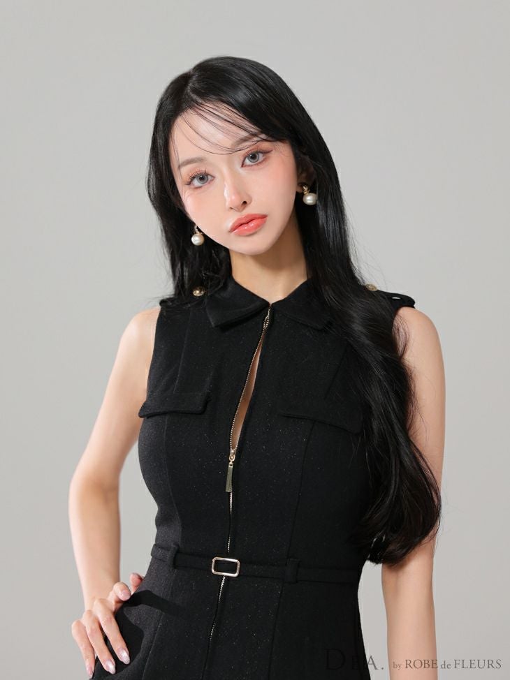 新品DEAバイローブドフルール♡ 襟付きバストジップノースリーブベルトワンピース DEA. ディア バイ ローブドフルール 襟付きバストジップノースリーブ