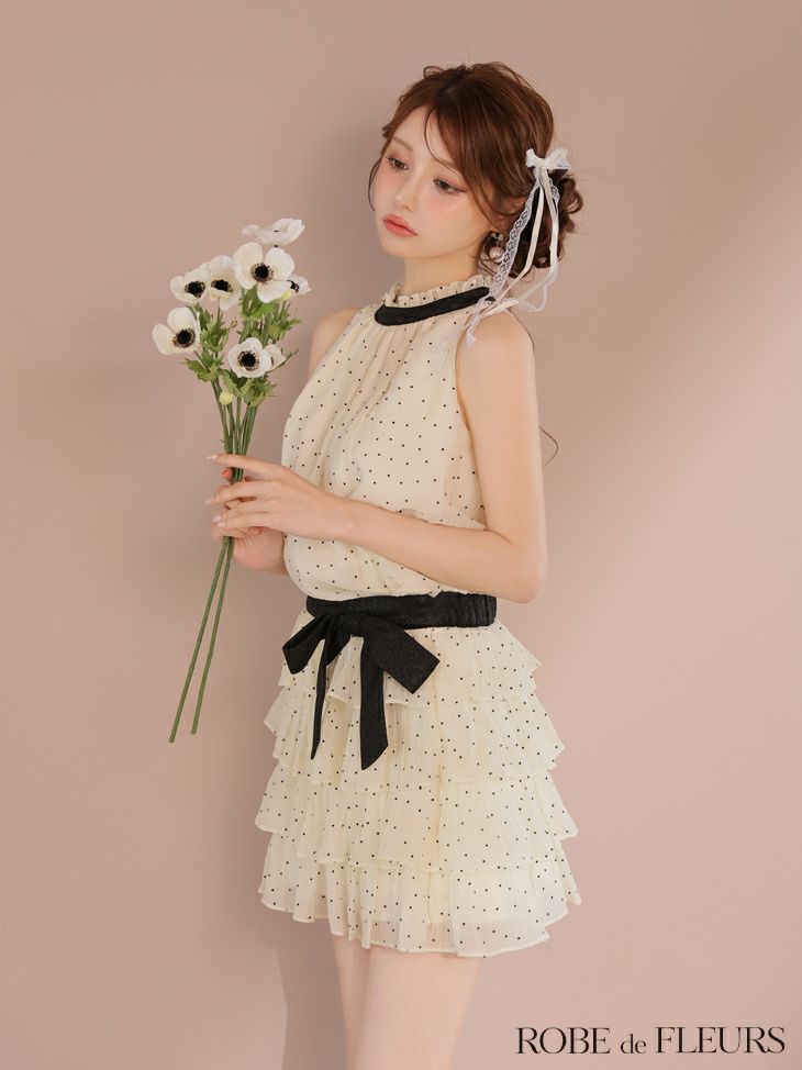 ROBE de FLEURS ローブドフルール ドットオーガンジーウエストリボンティアードフレアミニキャバドレス fm3396-c