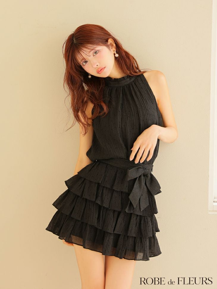 ROBE de FLEURS ローブドフルール ドットオーガンジーウエストリボンティアードフレアミニキャバドレス fm3396-c