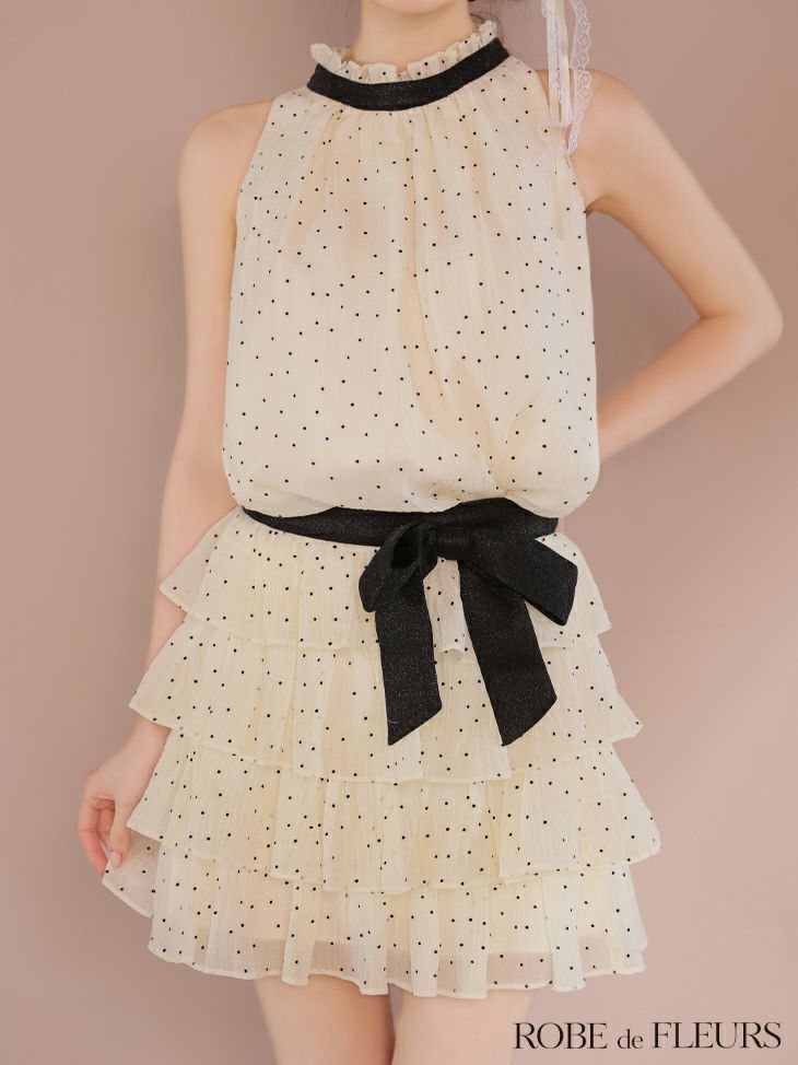 ROBE de FLEURS ローブドフルール ドットオーガンジーウエストリボンティアードフレアミニキャバドレス fm3396-c