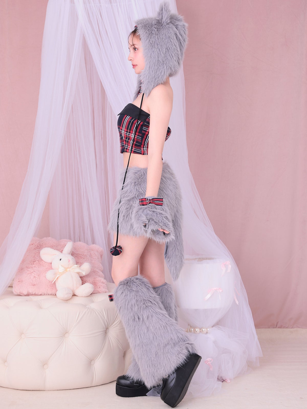 【6点セット】Fluffy Tartan Wolf フラッフィー タータン ウルフ グレー vcsot-23988
