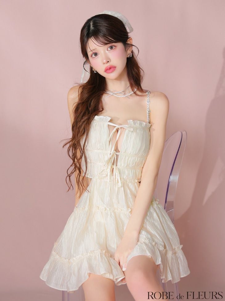 ROBE de FLEURS ローブドフルール シャーリングサテンウエストスリットフレアミニキャバドレス fm3377