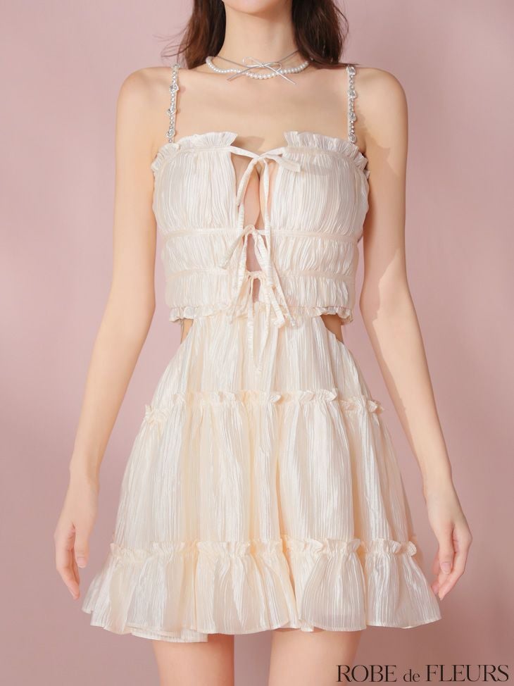 ROBE de FLEURS ローブドフルール シャーリングサテンウエストスリットフレアミニキャバドレス fm3377