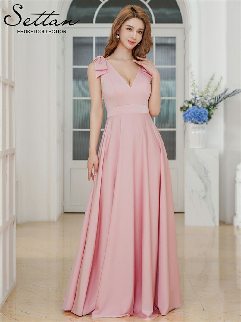 ERUKEI エルケイ ライトピンク Vネック・ノースリーブ・シンプル・サテン・上品・肩リボン・切替・Aライン・ロングドレス ek-s25158