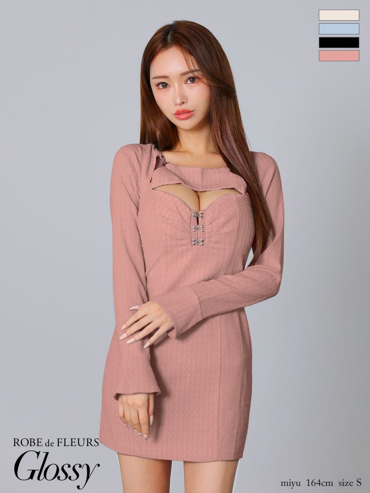 【Glossy/グロッシー】　キャバドレス　長袖 XSサイズあり【Glossy/グロッシー】長袖/ オフショル/ 紐リボン