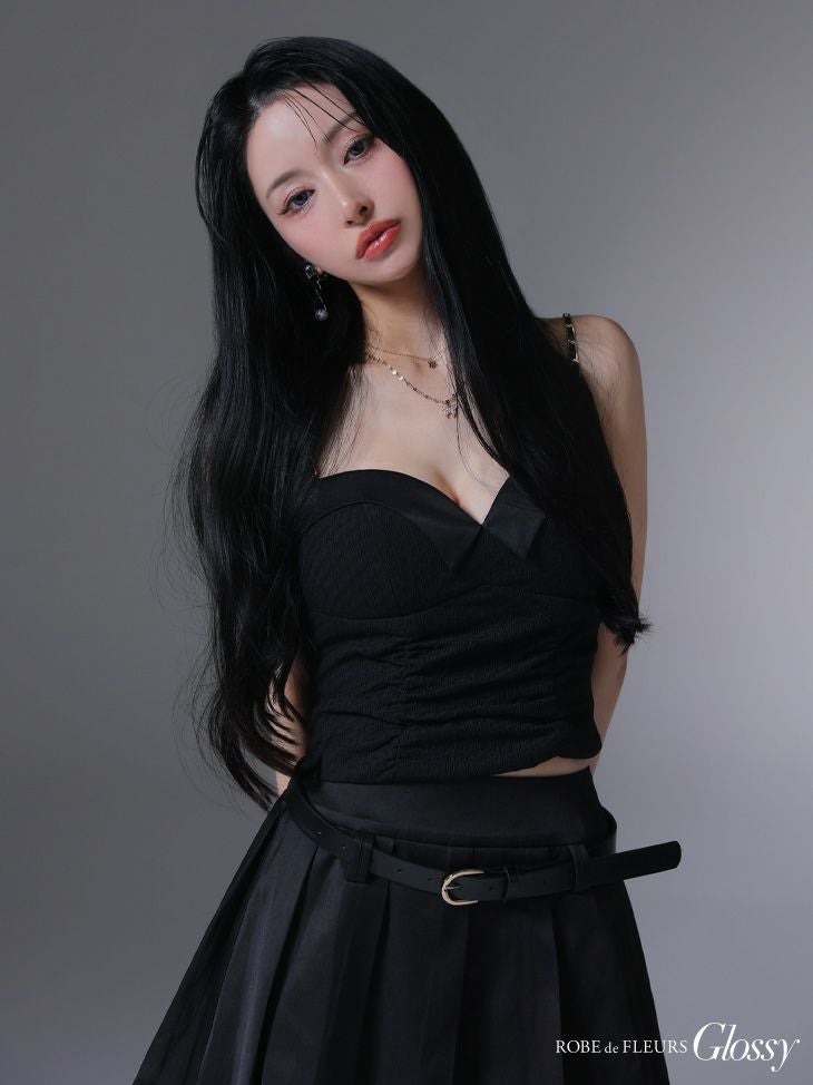 Glossy ローブドフルールグロッシー ベルト付きハートカットセットアッププリーツミニキャバドレス gl4219