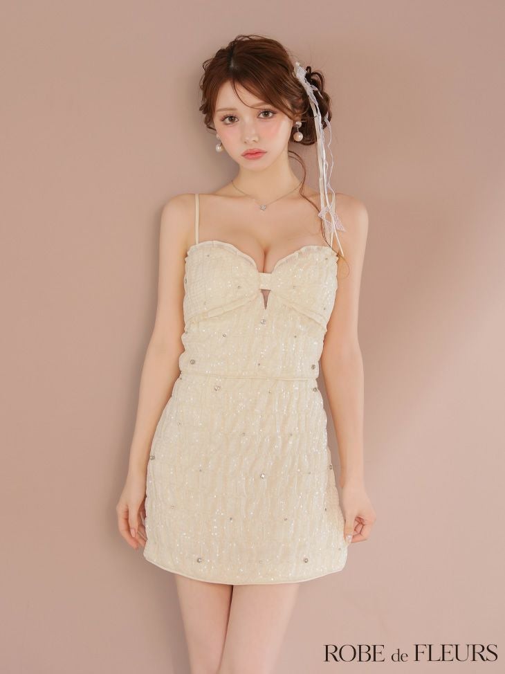 ROBE de FLEURS ローブドフルール スパンコールシフォンリボンセットアップミニキャバドレス fm3464