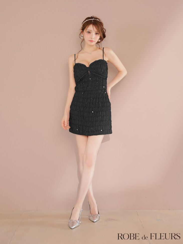 ROBE de FLEURS ローブドフルール スパンコールシフォンリボンセットアップミニキャバドレス fm3464