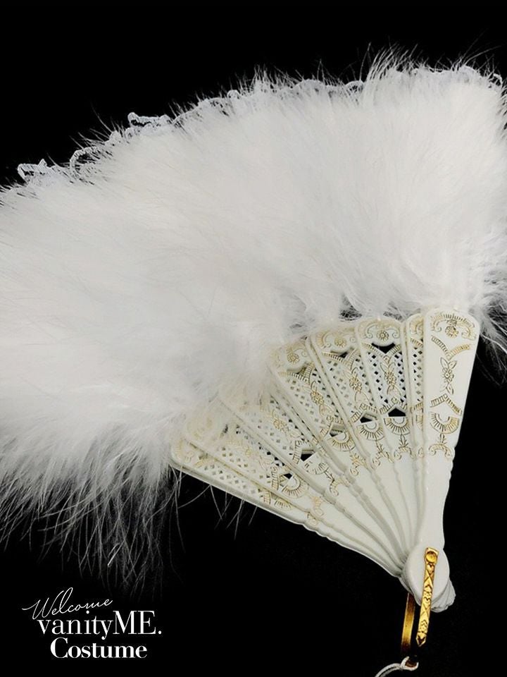 ファー付きレース扇子 ブラック・ホワイト vcsit-25070