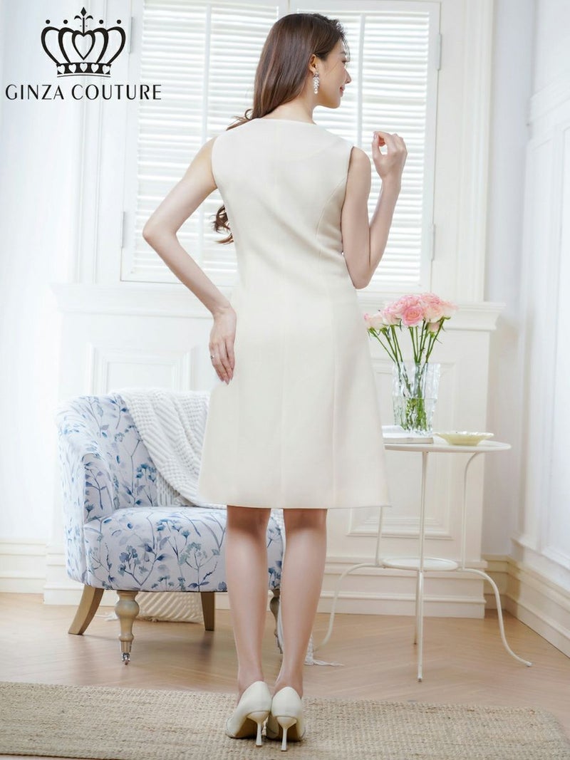 ERUKEI エルケイ アイボリー ノースリーブ・ハニカム生地・金ボタン・ポケット・Aライン・ミディアムドレス・ワンピース ek-c24185