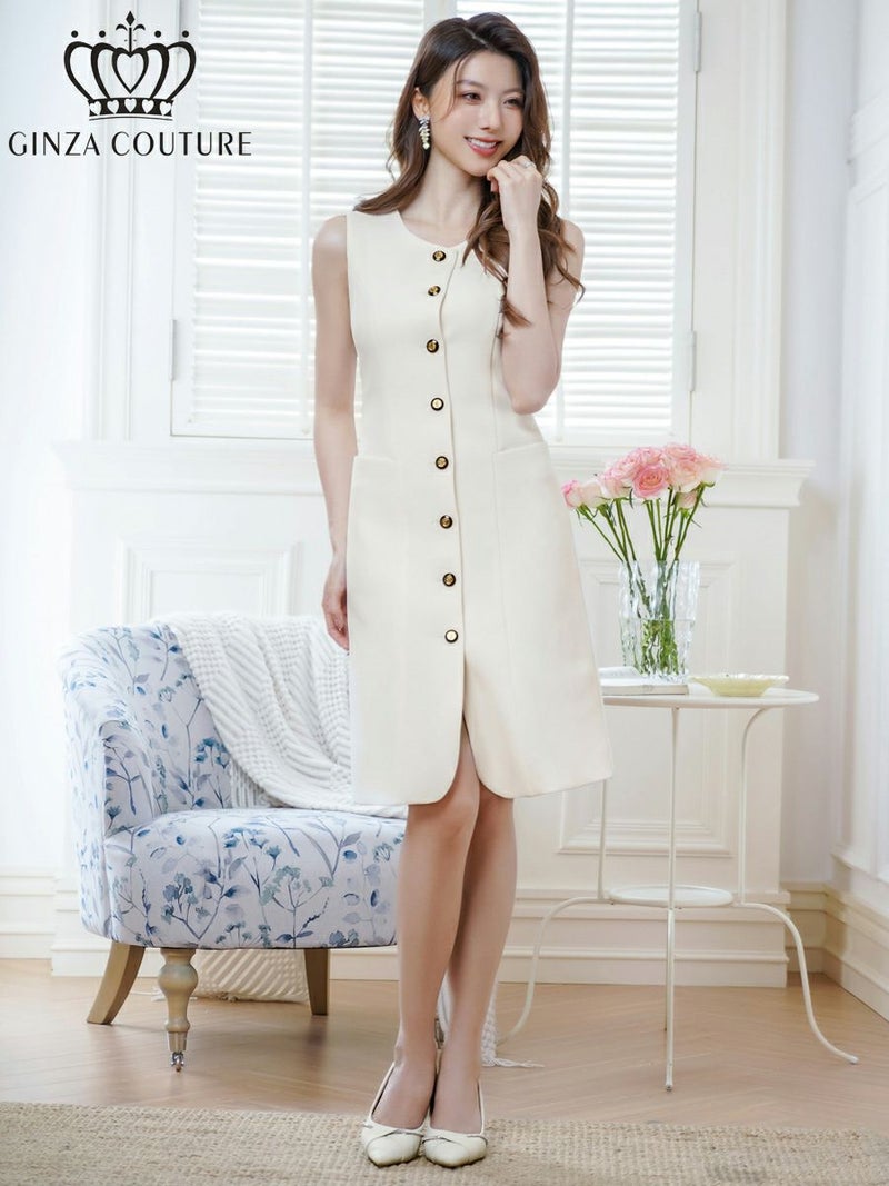ERUKEI エルケイ アイボリー ノースリーブ・ハニカム生地・金ボタン・ポケット・Aライン・ミディアムドレス・ワンピース ek-c24185