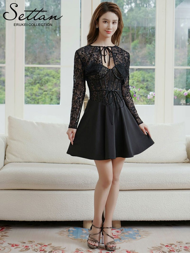 ERUKEI エルケイ 2way・コルセット風・ボレロ・キャミソール・レース・ラインストーン・スパンコール・Aライン・ミニドレス・ワンピース ek-s37105ERUKEI エルケイ 2way・コルセット風・ボレロ・キャミソール・レース・ラインストーン・スパンコール・Aライン・ミニドレス・ワンピース ek-s37105