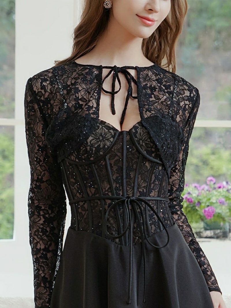 ERUKEI エルケイ 2way・コルセット風・ボレロ・キャミソール・レース・ラインストーン・スパンコール・Aライン・ミニドレス・ワンピース ek-s37105