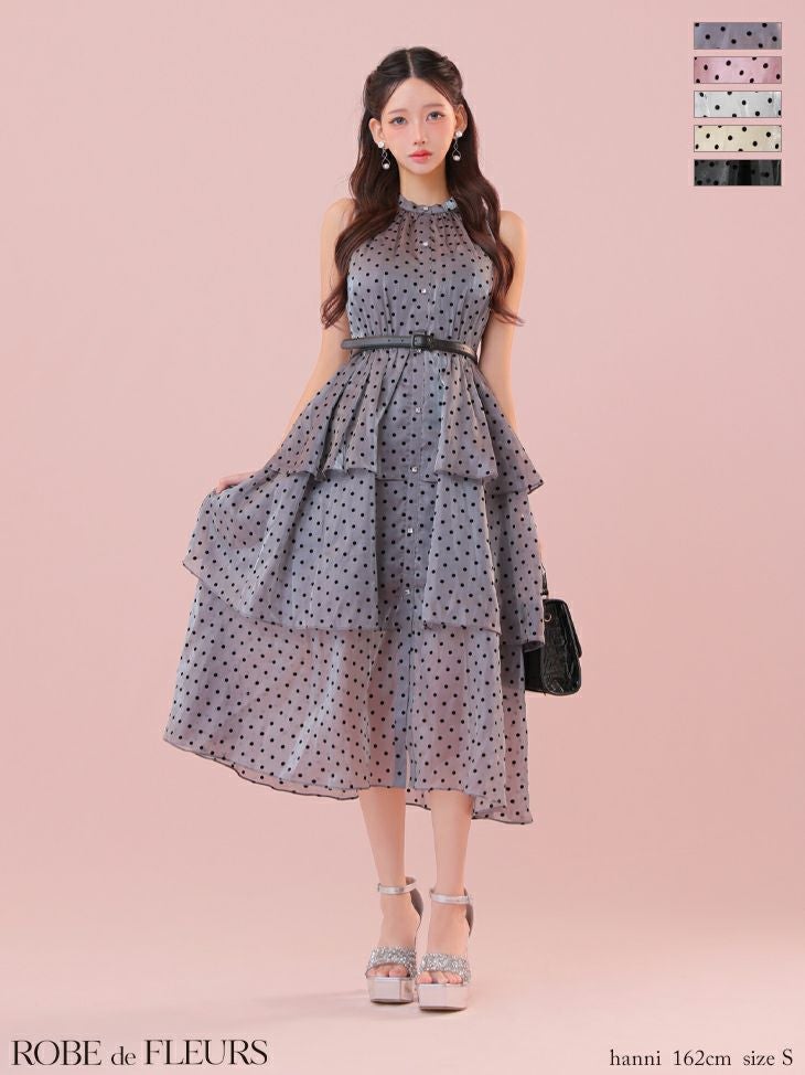 ROBE de FLEURS ローブドフルール ベルト付きドットオーガンジーティアードロングキャバドレス fm3281