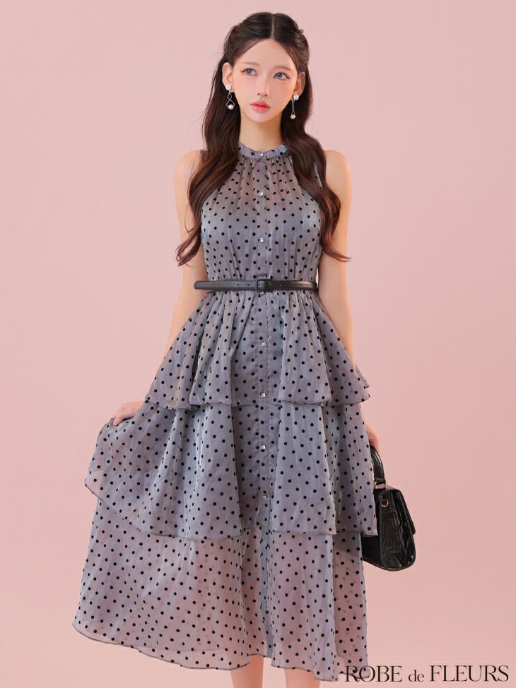 ROBE de FLEURS ローブドフルール ベルト付きドットオーガンジーティアードロングキャバドレス fm3281