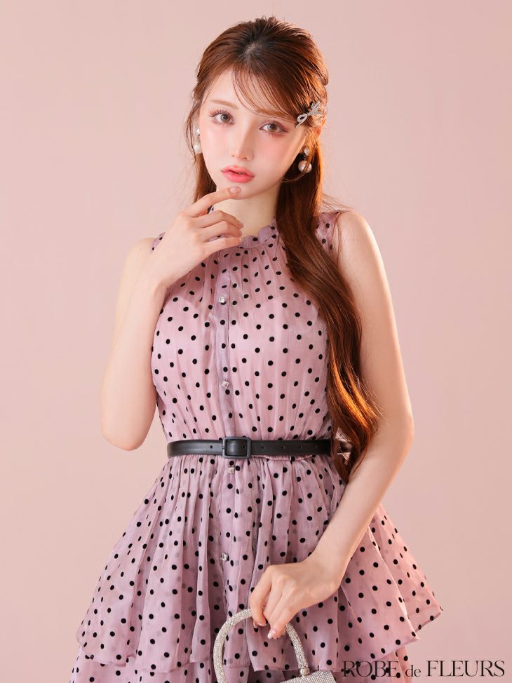ROBE de FLEURS ローブドフルール ベルト付きドットオーガンジーティアードロングキャバドレス fm3281