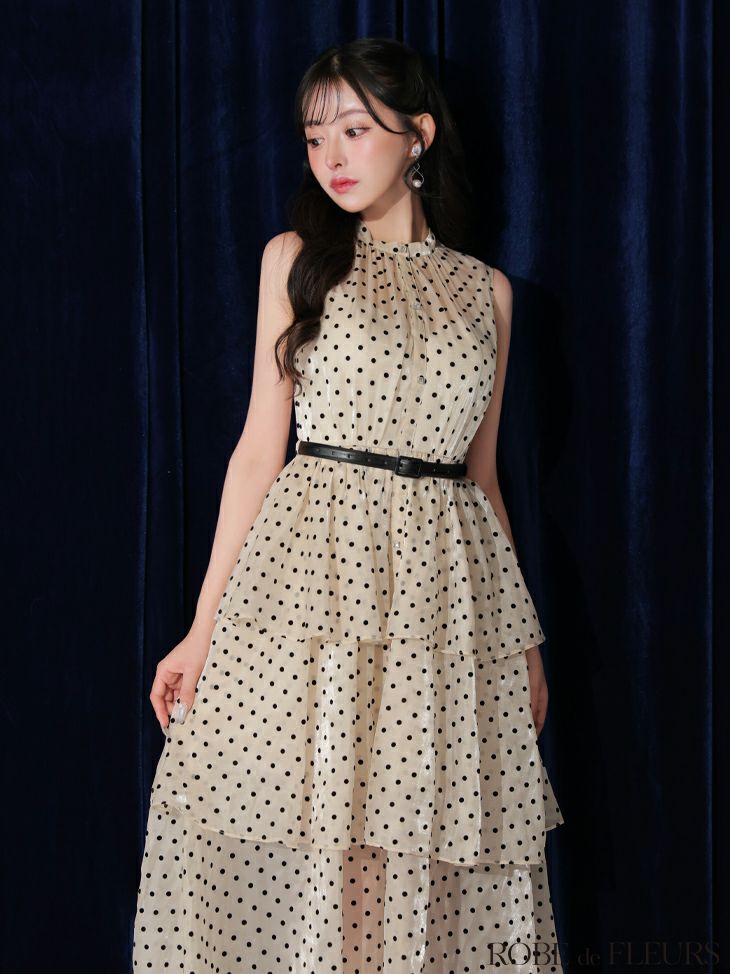 ROBE de FLEURS ローブドフルール ベルト付きドットオーガンジーティアードロングキャバドレス fm3281