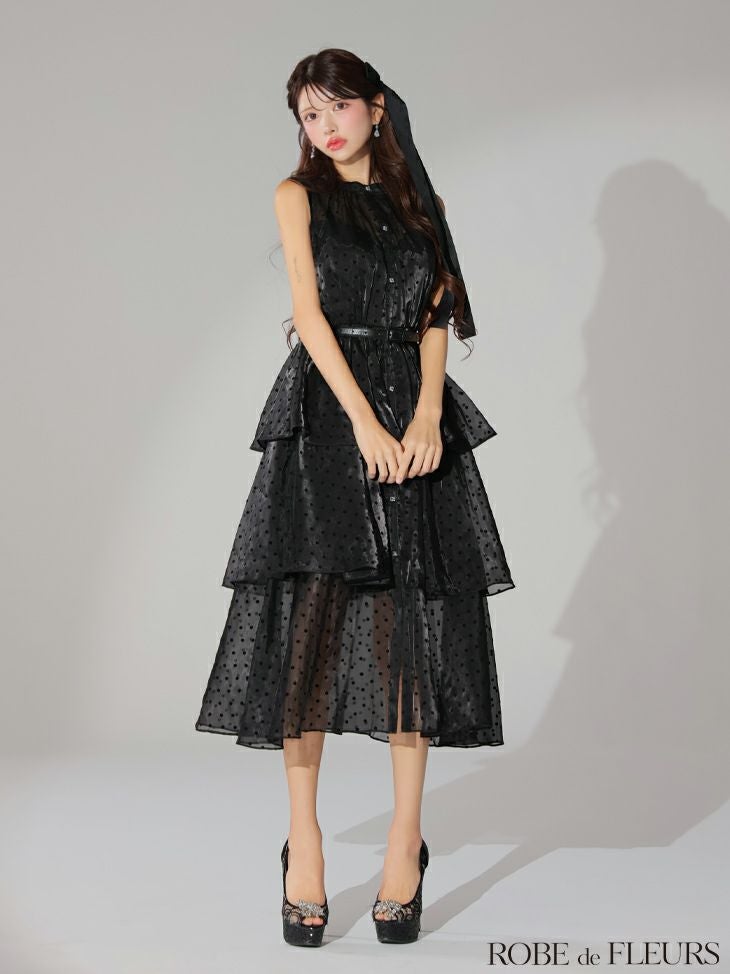 ROBE de FLEURS ローブドフルール ベルト付きドットオーガンジーティアードロングキャバドレス fm3281