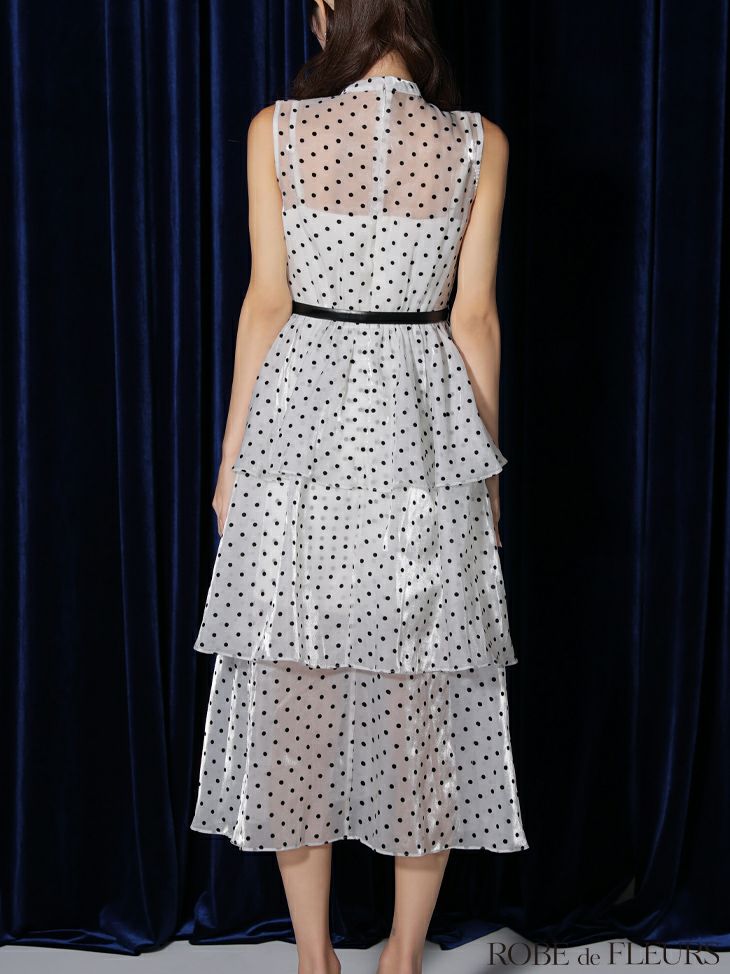ROBE de FLEURS ローブドフルール ベルト付きドットオーガンジーティアードロングキャバドレス fm3281