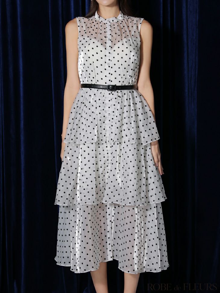 ROBE de FLEURS ローブドフルール ベルト付きドットオーガンジーティアードロングキャバドレス fm3281