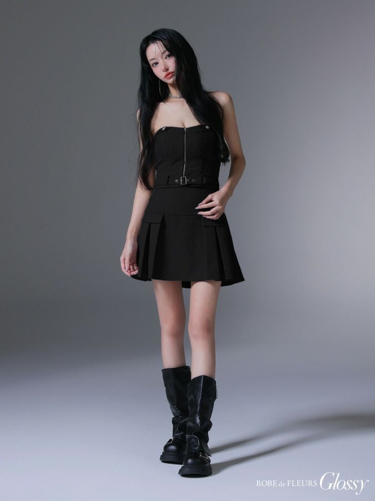 Glossy ローブドフルールグロッシー センタージップベルトセットアッププリーツミニキャバドレス gl3943