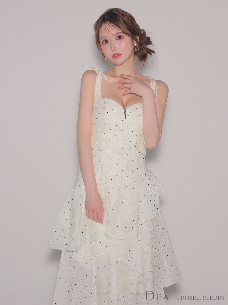 DEA. ディア バイ ローブドフルール ドットフリルティアードフレアロングキャバドレス de4304