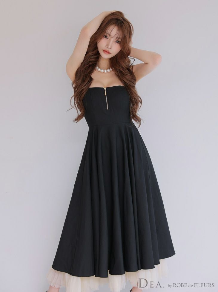  DEA. ディア バイ ローブドフルール チュールレイヤードセンタージップフレアロングキャバドレス de3469