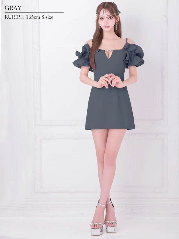AngelR エンジェルアール オフショルダーフリルスリーブバストチャームビジューマイクロミニドレス ar25843
