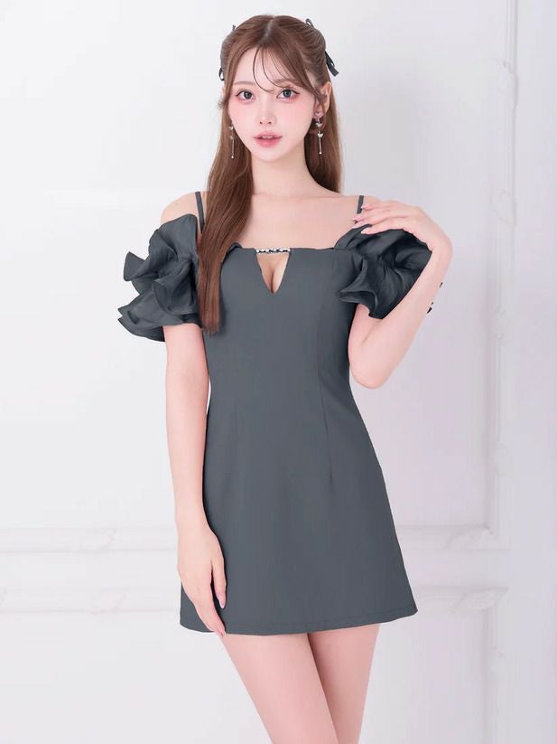 AngelR エンジェルアール オフショルダーフリルスリーブバストチャームビジューマイクロミニドレス ar25843
