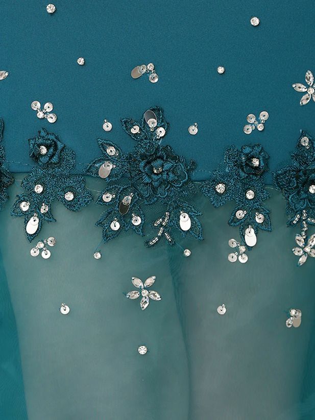 Veautt ヴュート オフショルダーフラワーレースビジューシアータイトミディアムドレス ティールブルー vt022520-ks