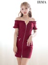 IRMA イルマ ワンカラー/オフショル/フリル/リボン/フロントジップ/パールチャーム/タイト ミニドレス ir55087-c