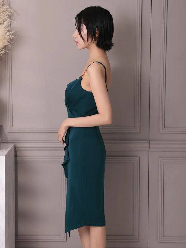 Veautt ヴュート ショルダーチェーンフリルタックタイトミディアムドレス vt022521