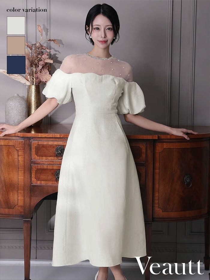 Veautt ヴュート パフスリーブレースビジューAラインフレアミディアムドレス vt082522