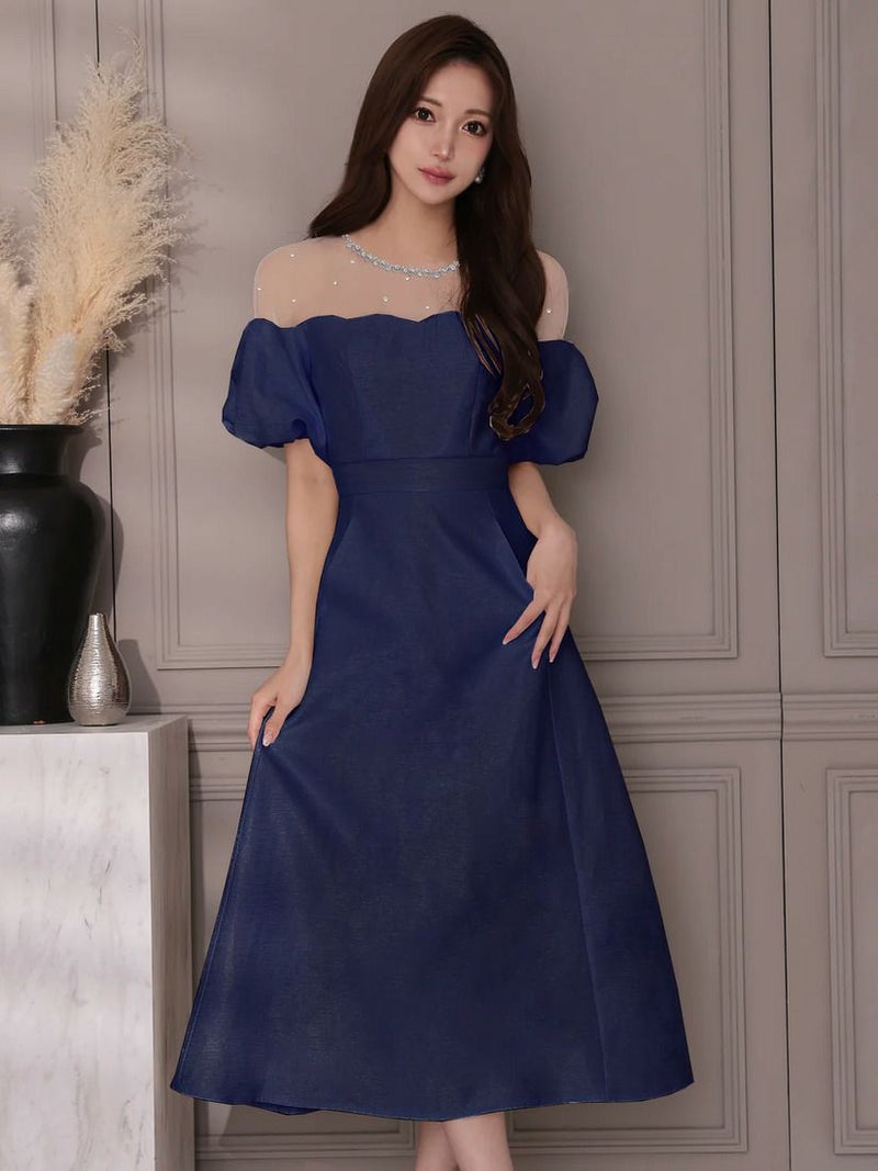 Veautt ヴュート パフスリーブレースビジューAラインフレアミディアムドレス vt082522