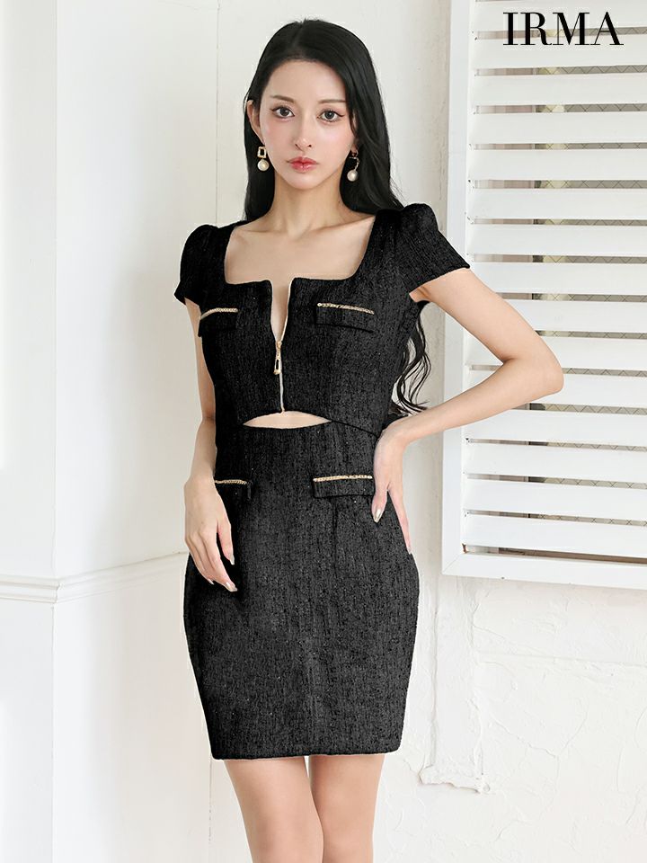 IRMA イルマ ツイード/半袖/フロントジップ/カットアウト/タイト ミニドレス ir55094