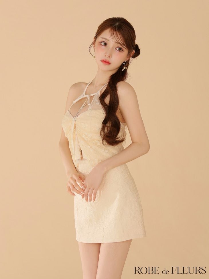 ROBE de FLEURS ローブドフルール ジャガードホルターリボンセットアップミニキャバドレス fm4201-c
