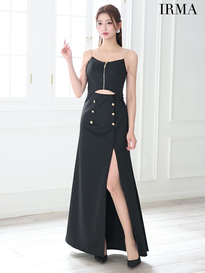 IRMA イルマ ワンカラー/ダブルボタン/ウエストカット/ショルダーチェーン/スリット入り/ロングドレス ir55083-c