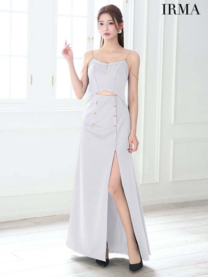 IRMA イルマ ワンカラー/ダブルボタン/ウエストカット/ショルダーチェーン/スリット入り/ロングドレス ir55083-c