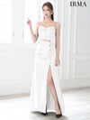 IRMA イルマ ワンカラー/ダブルボタン/ウエストカット/ショルダーチェーン/スリット入り/ロングドレス ir55083-c