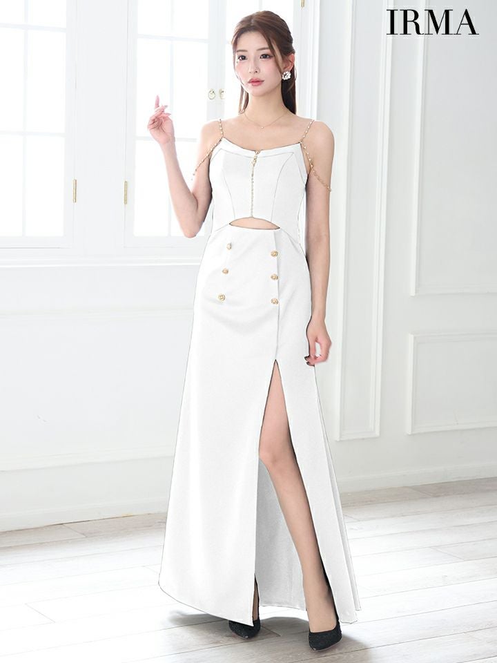 IRMA イルマ ワンカラー/ダブルボタン/ウエストカット/ショルダーチェーン/スリット入り/ロングドレス ir55083-c