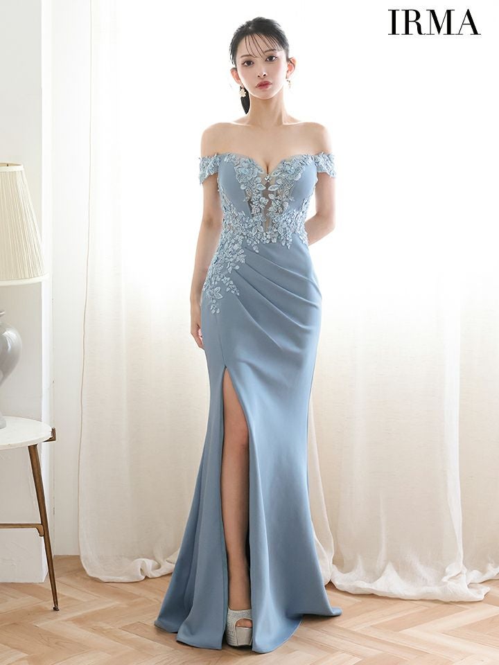 IRMA イルマ オフショル/立体フラワーモチーフ/刺繍/メッシュ/スリット入り/タイト ロングドレス ir51924