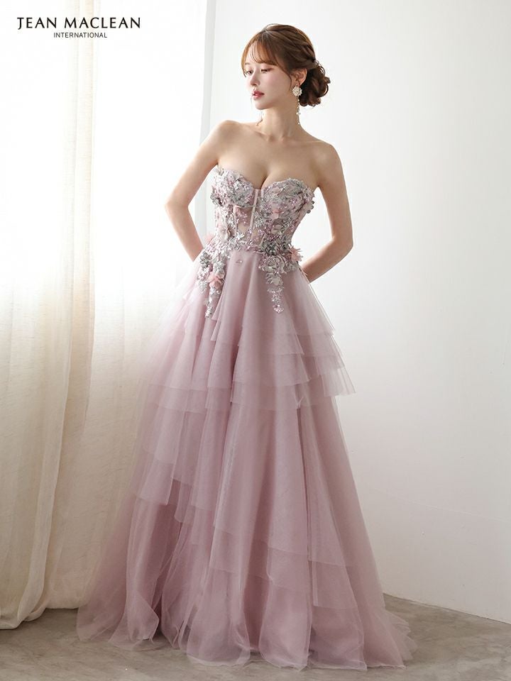 JEAN MACLEAN ジャンマクレーン 立体フラワーモチーフ/コルセット/チュールロングスリーブ/姫/ロングドレス ja51933