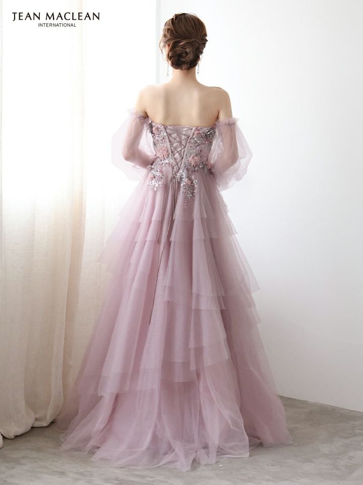 JEAN MACLEAN ジャンマクレーン 立体フラワーモチーフ/コルセット/チュールロングスリーブ/姫/ロングドレス ja51933