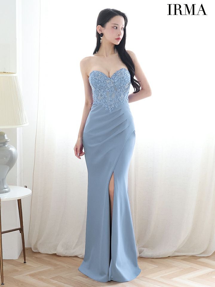 IRMA イルマ ワンカラー/ショールチョーカー付き/2way/刺繍/スリット入り/タイト ロングドレス ir51899-c